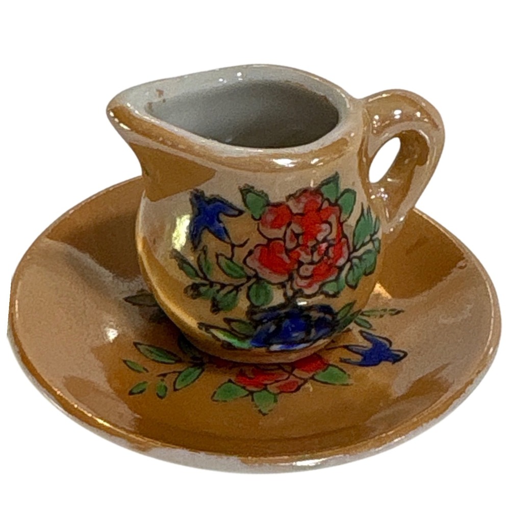 Vintage Miniature Creamer and Saucer Set Japan Floral Design Dollhouse‎